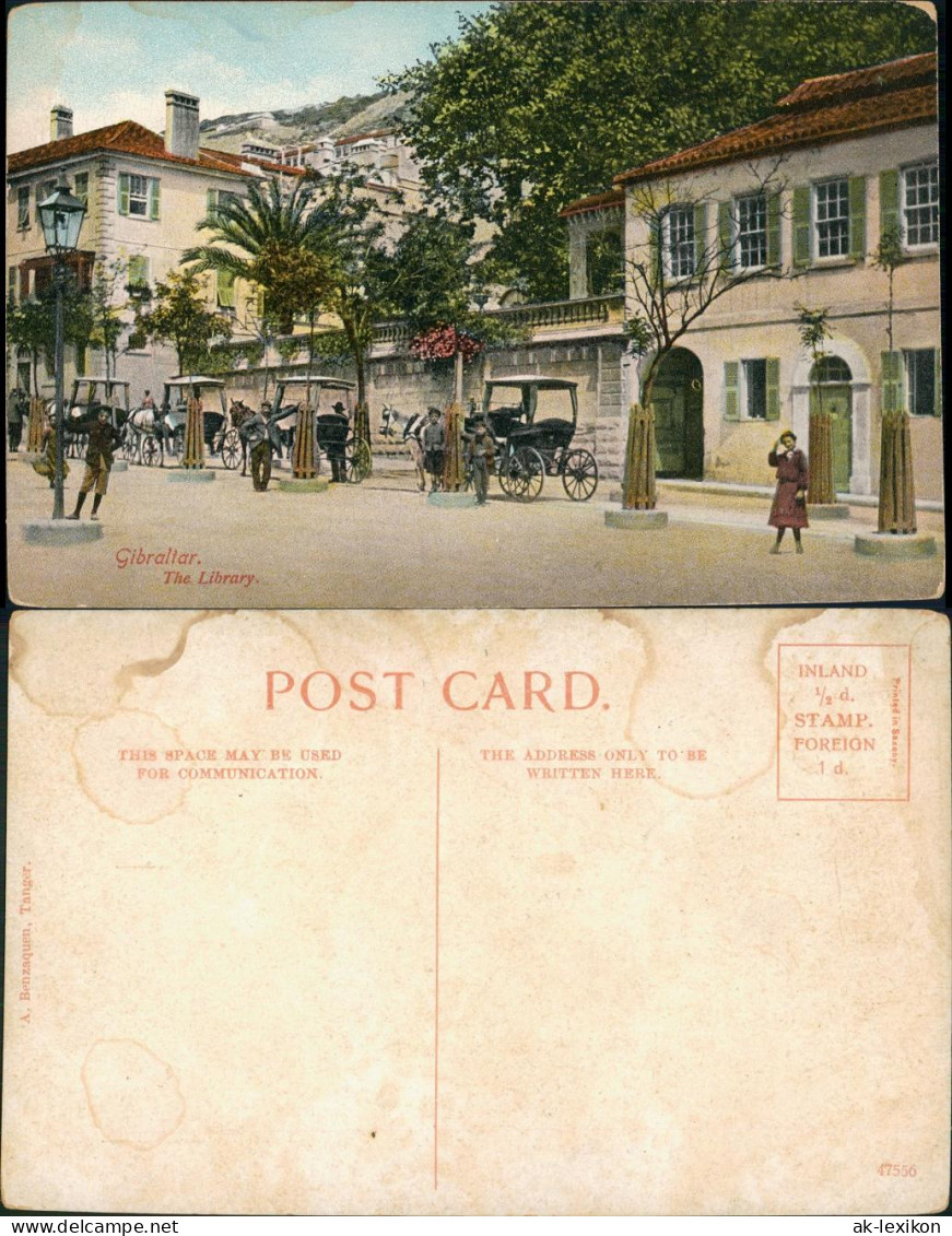 Gibraltar Strassen Partie Bücherei, Pferde Kutschen, Library 1910 - Gibraltar