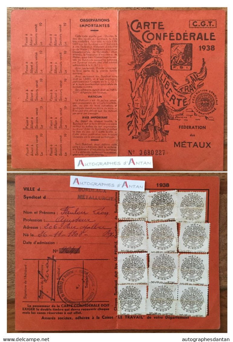 ● CGT 1938 Bordeaux Métallurgie Carte M. Fanlou - Gironde - Fédération Métaux - Syndicat - Vignettes - Lidmaatschapskaarten