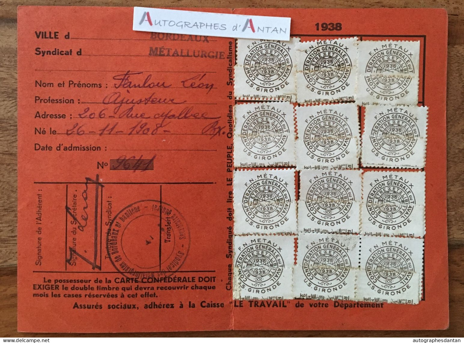 ● CGT 1938 Bordeaux Métallurgie Carte M. Fanlou - Gironde - Fédération Métaux - Syndicat - Vignettes - Mitgliedskarten