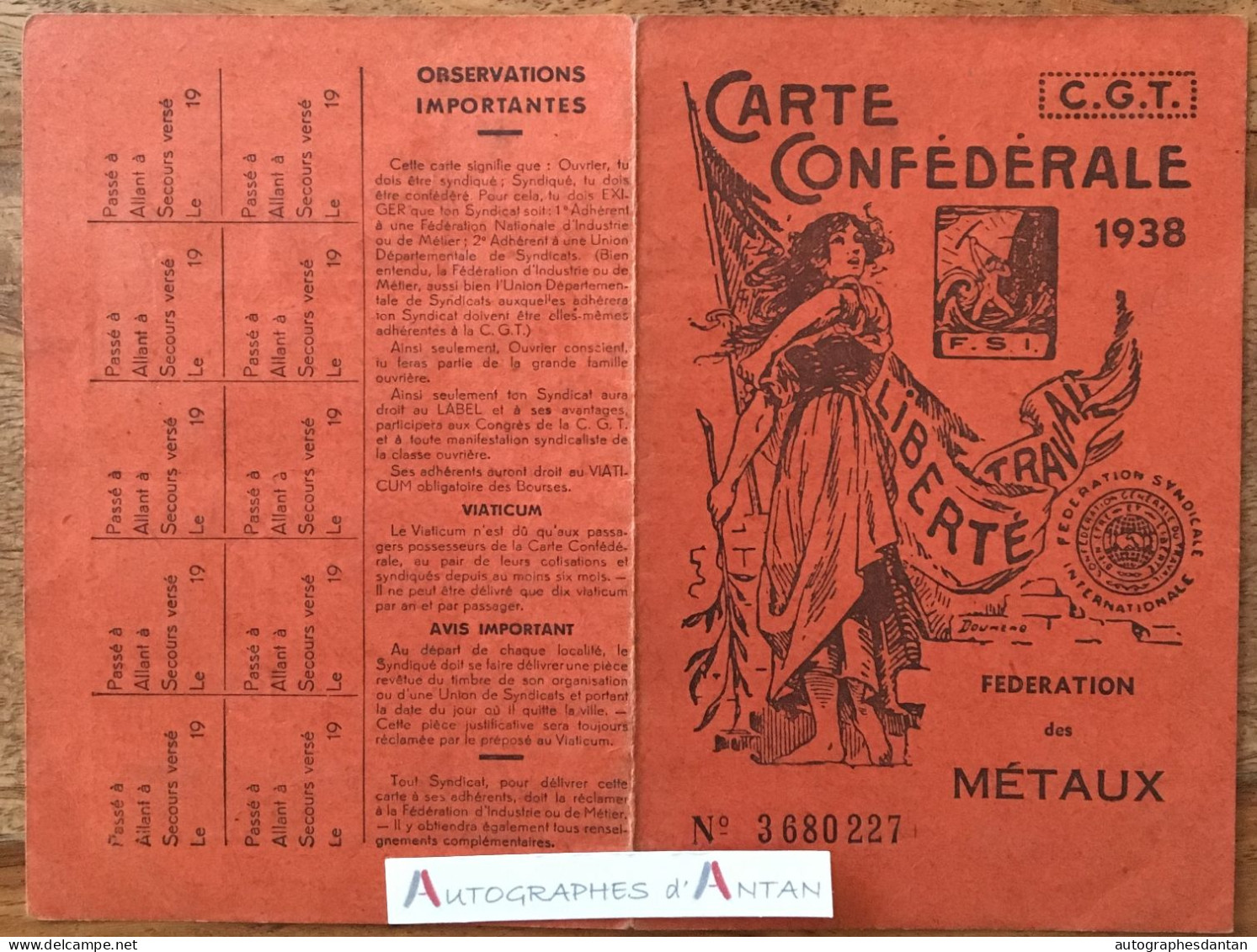 ● CGT 1938 Bordeaux Métallurgie Carte M. Fanlou - Gironde - Fédération Métaux - Syndicat - Vignettes - Cartes De Membre