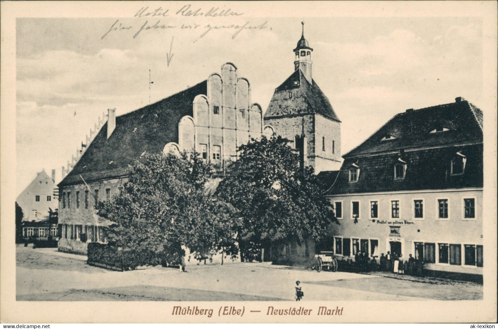 Mühlberg/Elbe Miłota Neustädter Markt Mit Gasthof Zum Goldenen Löwen 1920 - Mühlberg