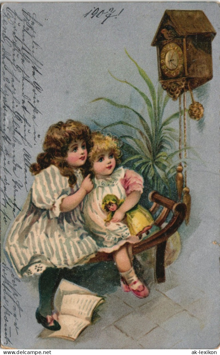 Ansichtskarte  Kinder Mädchen Vor Der Kukuksuhr 1908 Silber-Effekt - Portretten