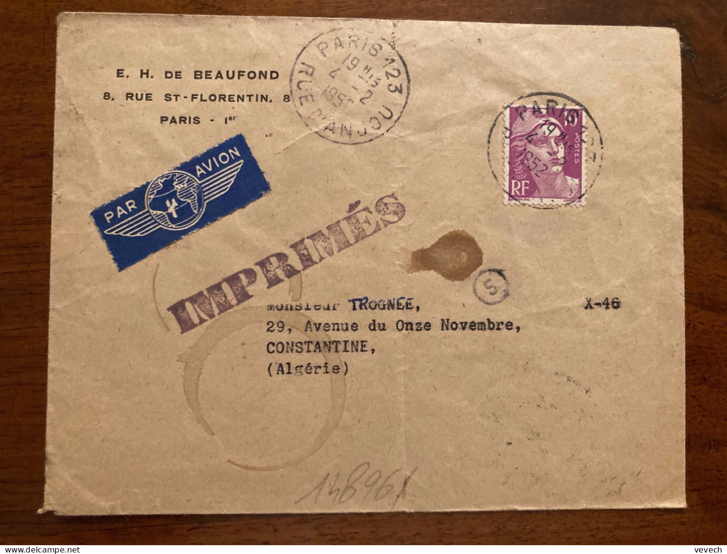 LETTRE (IMPRIMES) Par Avion Pour ALGERIE TP M DE GANDON 10F OBL.4-2 1952 PARIS 123 - 1945-54 Marianne (Gandon)