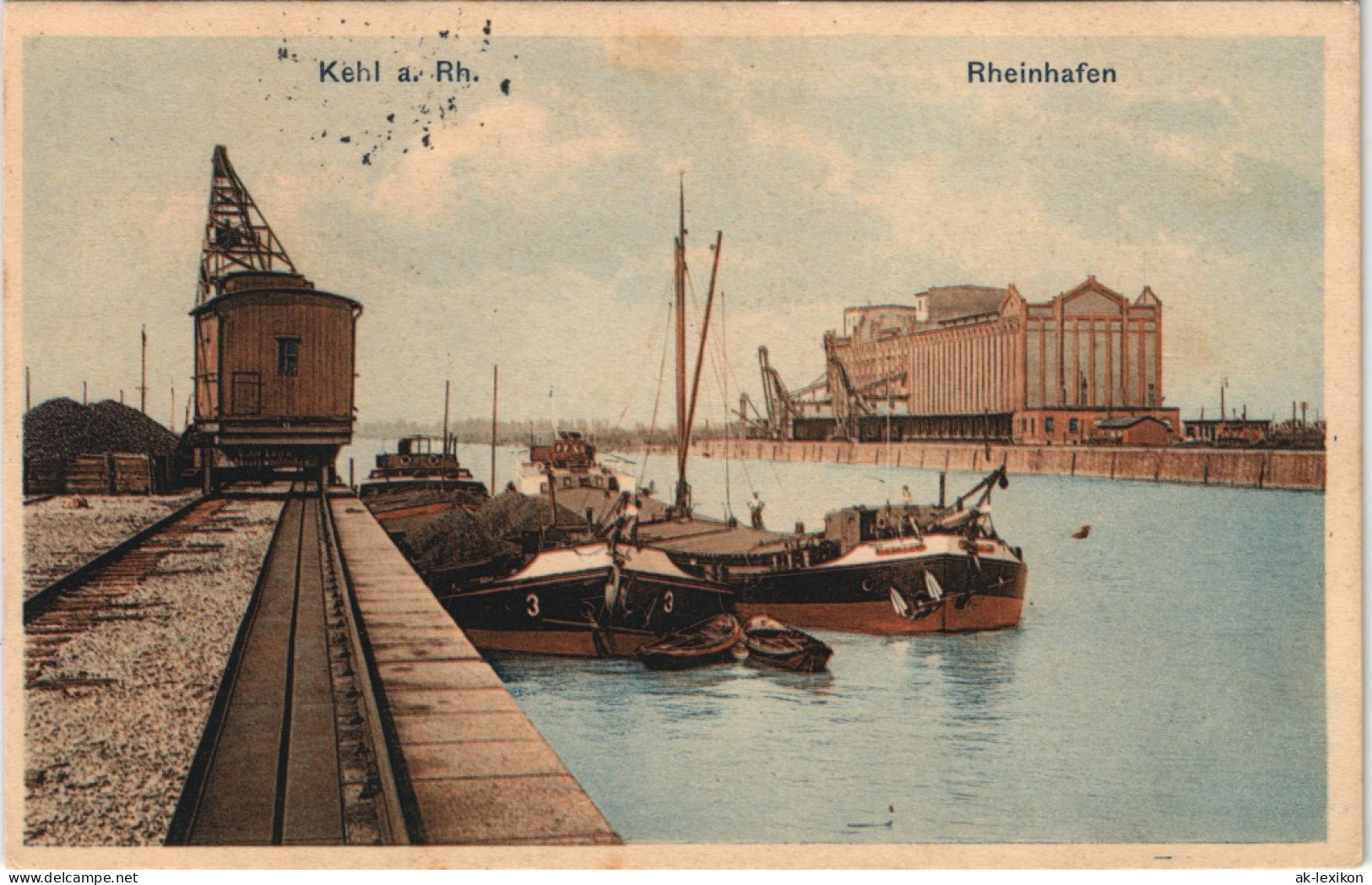 Kehl (Rhein) Hafen, Kran - Schlepper Gel Feldpost Landst. Bat. Rosenheim 1915 - Kehl