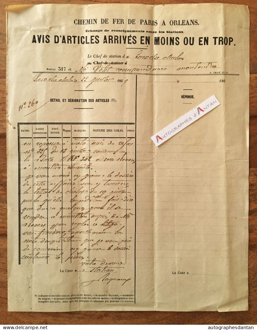 ● 1869 Chemin De Fer De Paris à Orléans : Articles Arrivés En Moins Ou En Trop - Rare Vieux Papier Chemins De Fer Train - 1800 – 1899