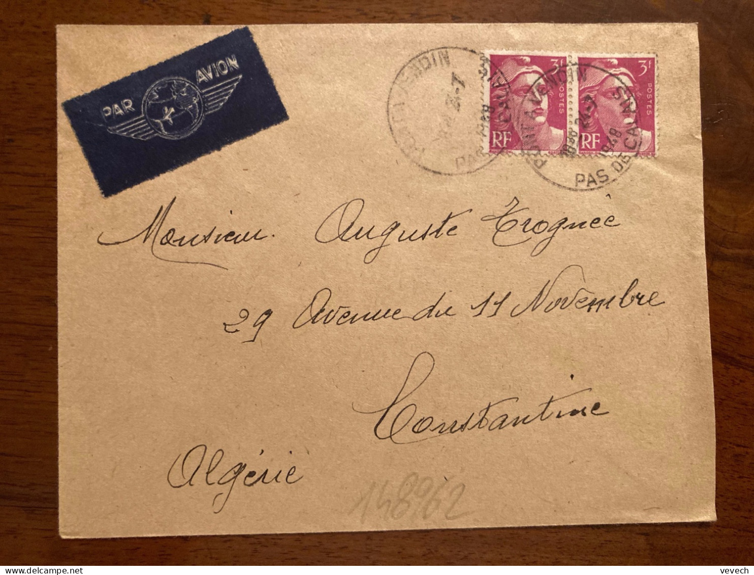 LETTRE Par Avion Pour ALGERIE TP M DE GANDON 3F Paire OBL. HOROPLAN 24-7 1948 PONT A VENDIN PAS DE CALAIS (62) - 1945-54 Marianne Of Gandon