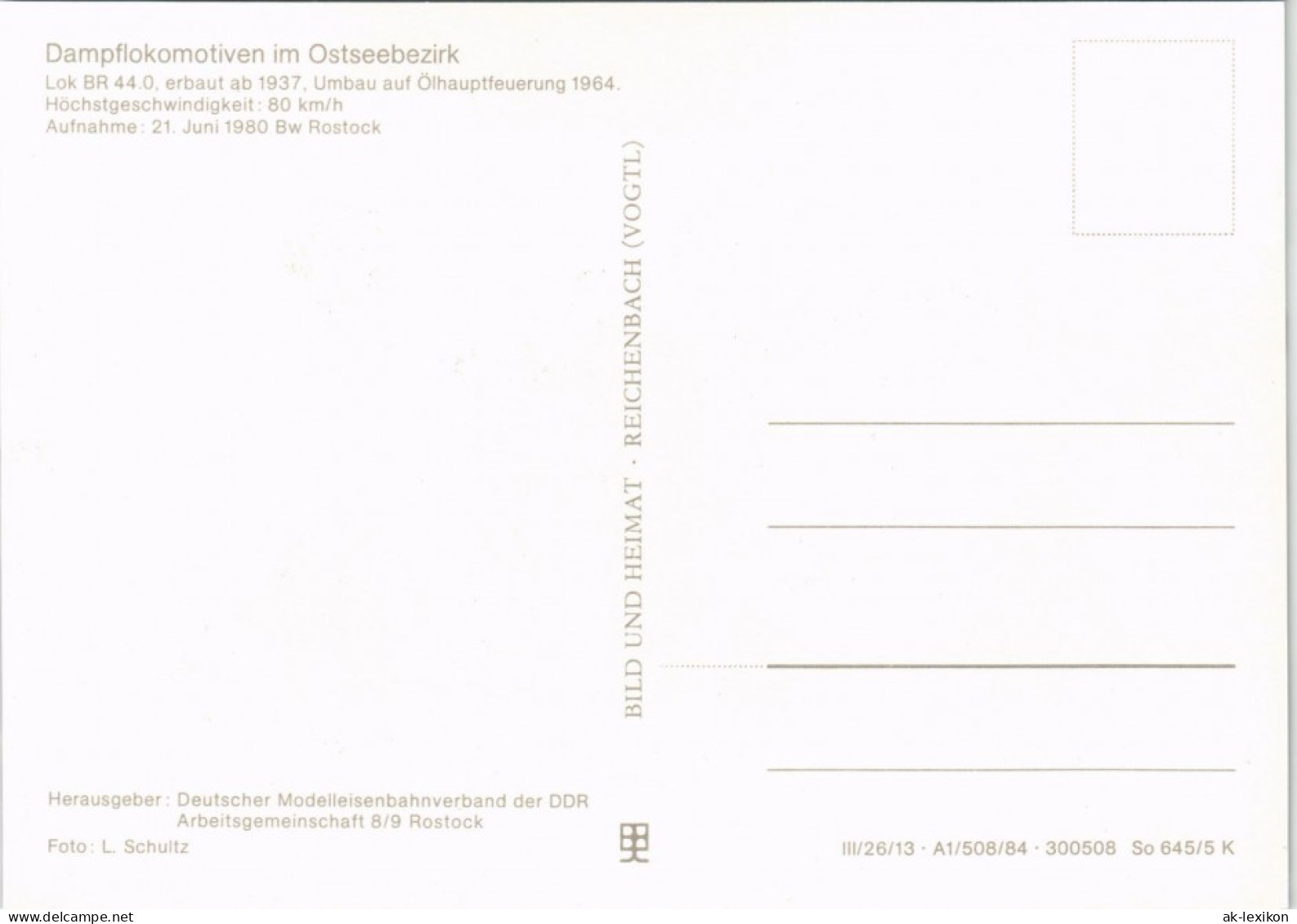 Ansichtskarte  Dampflokomotive Ostseebezirk Lok BR 44.0 DDR Motivkarte 1984 - Trains