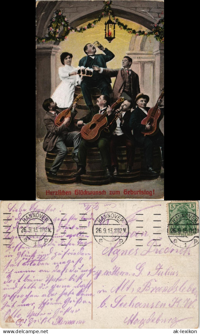 Ansichtskarte  Geburtstag Männer Auf Bierfässern 1913  Gel. Rollstempel Hannover - Geburtstag