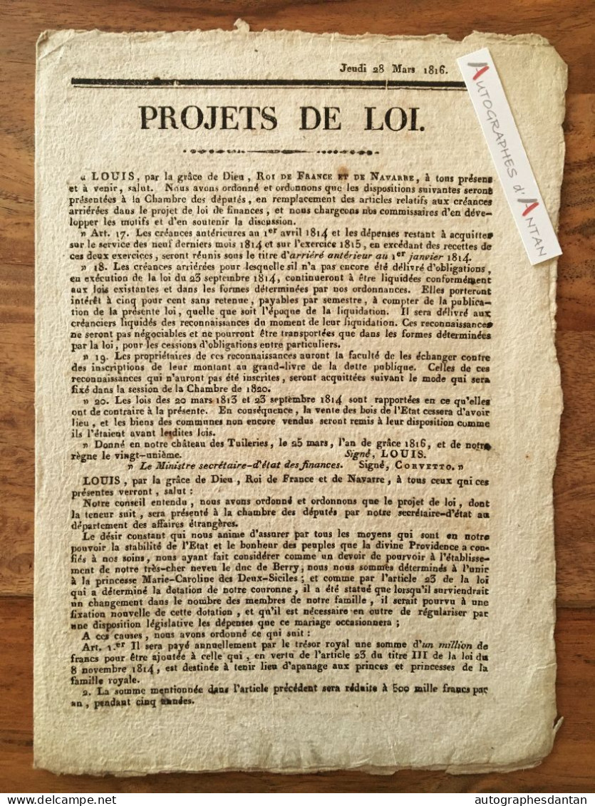 ● 1816 - Projets De Loi + Couplets Chantés Sur Le Théâtre De Nancy - Guivard Imp - Wetten & Decreten