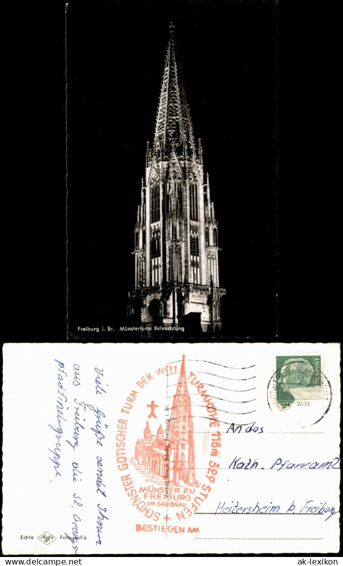 Freiburg Im Breisgau Münster Bei Beleuchtung 1960   Mit "Bestiegen-Stempel" - Freiburg I. Br.