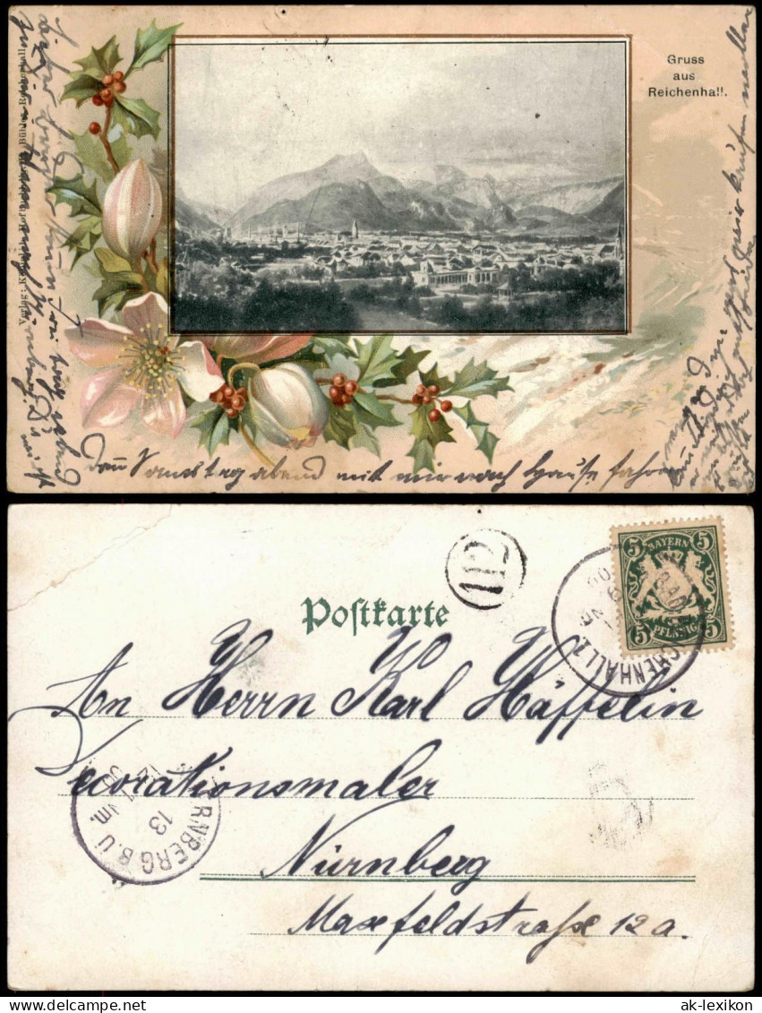 Ansichtskarte Bad Reichenhall Stadt - Blumenornament Mistel 1900 Passepartout - Bad Reichenhall