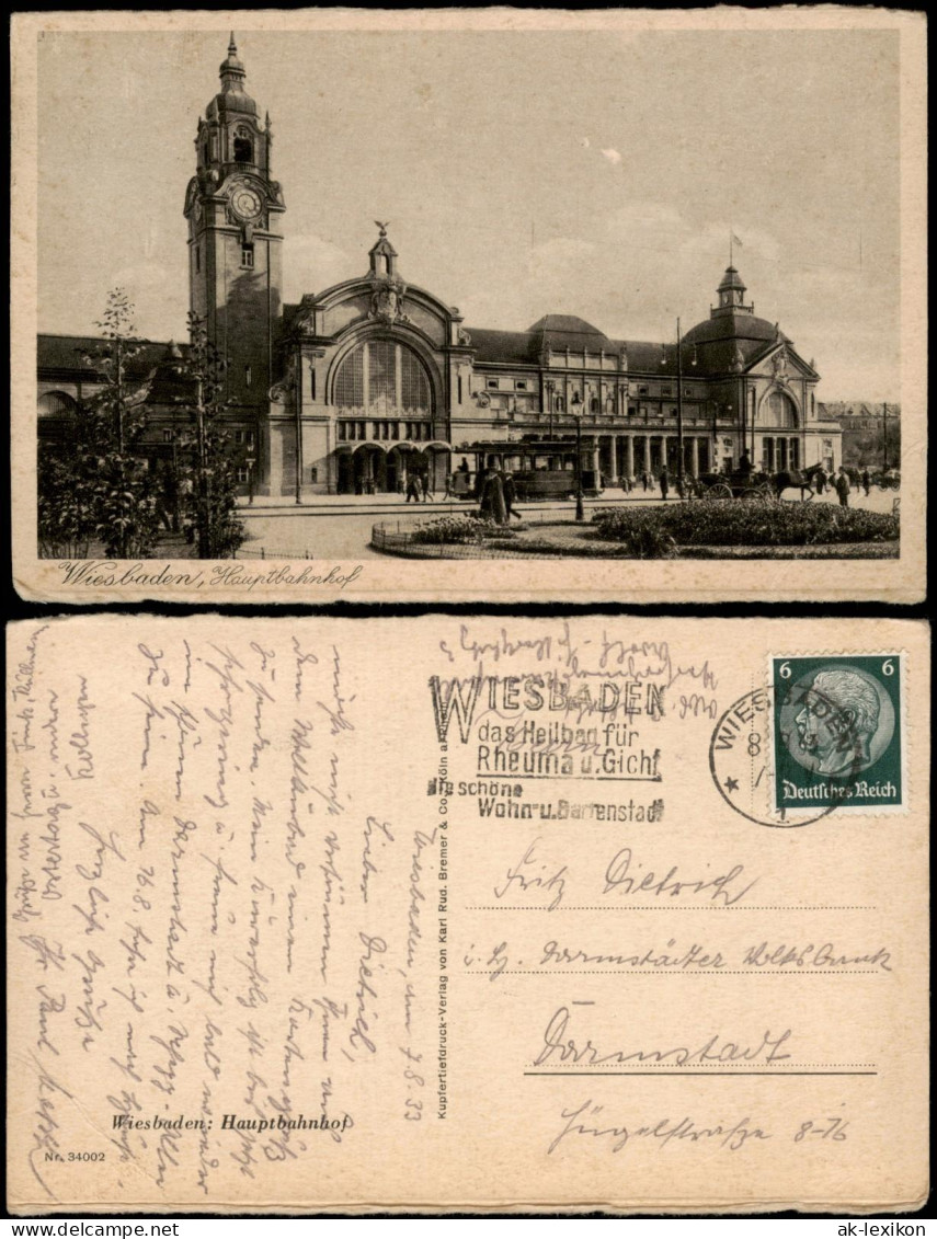Ansichtskarte Wiesbaden Hauptbahnhof, Straßenbahn Kutsche 1937 - Wiesbaden