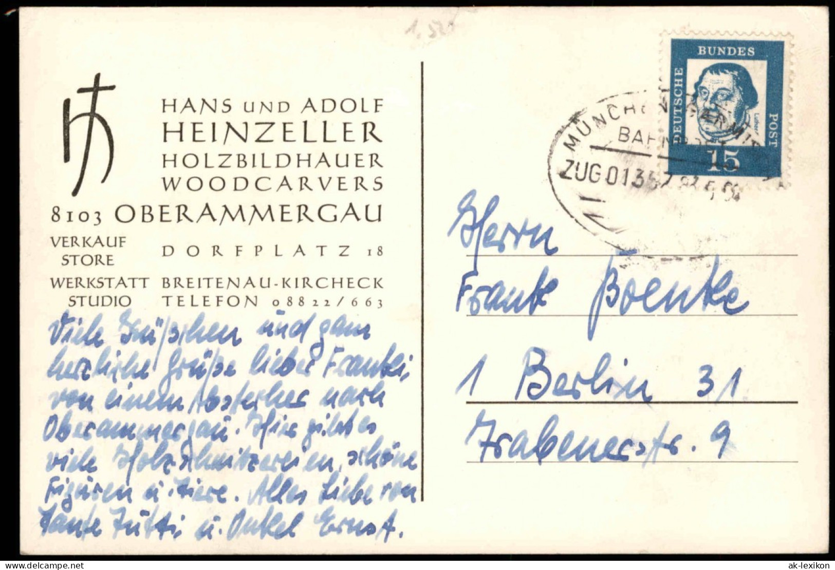 Ansichtskarte Oberammergau Geschäft Heinzeller Holzbildhauer 1964  Gel. Bahnpost - Oberammergau