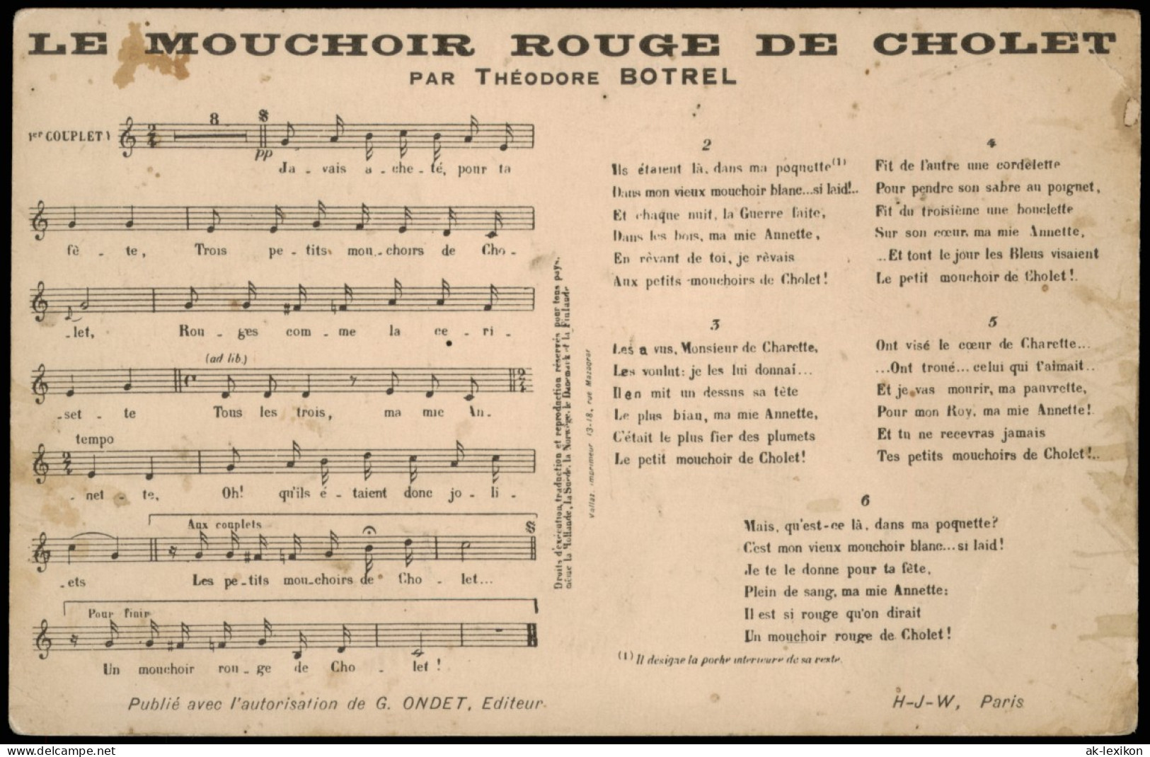 Ansichtskarte  LE MOUCHOIR ROUGE DE CHOLET PAR THÉODORE BOTREL 1926 - Musik