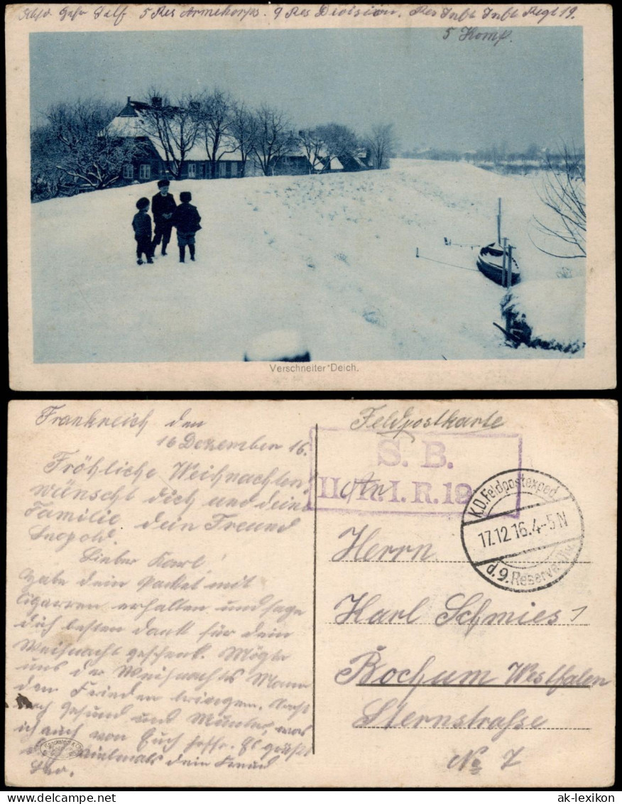 Ansichtskarte  Kinder Verschneiter Deich 1916  Gel. Feldpoststempel, - Guerre 1914-18