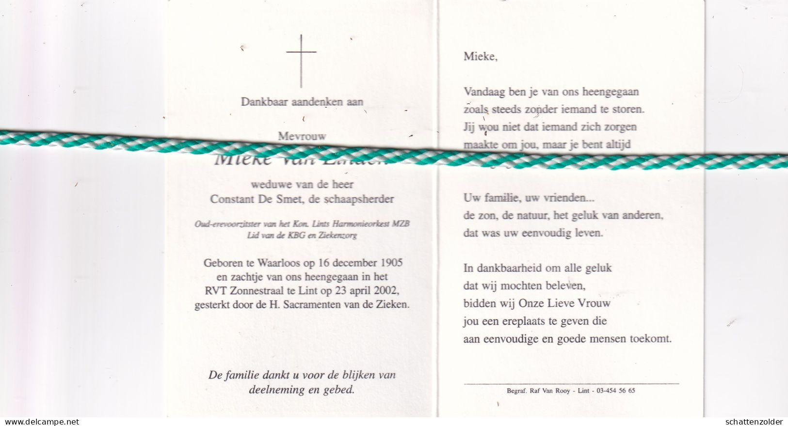 Mieke Van Linden-Constant De Smet (De Schaapherder), Waarloos 1905, Lint 2002. Foto - Décès