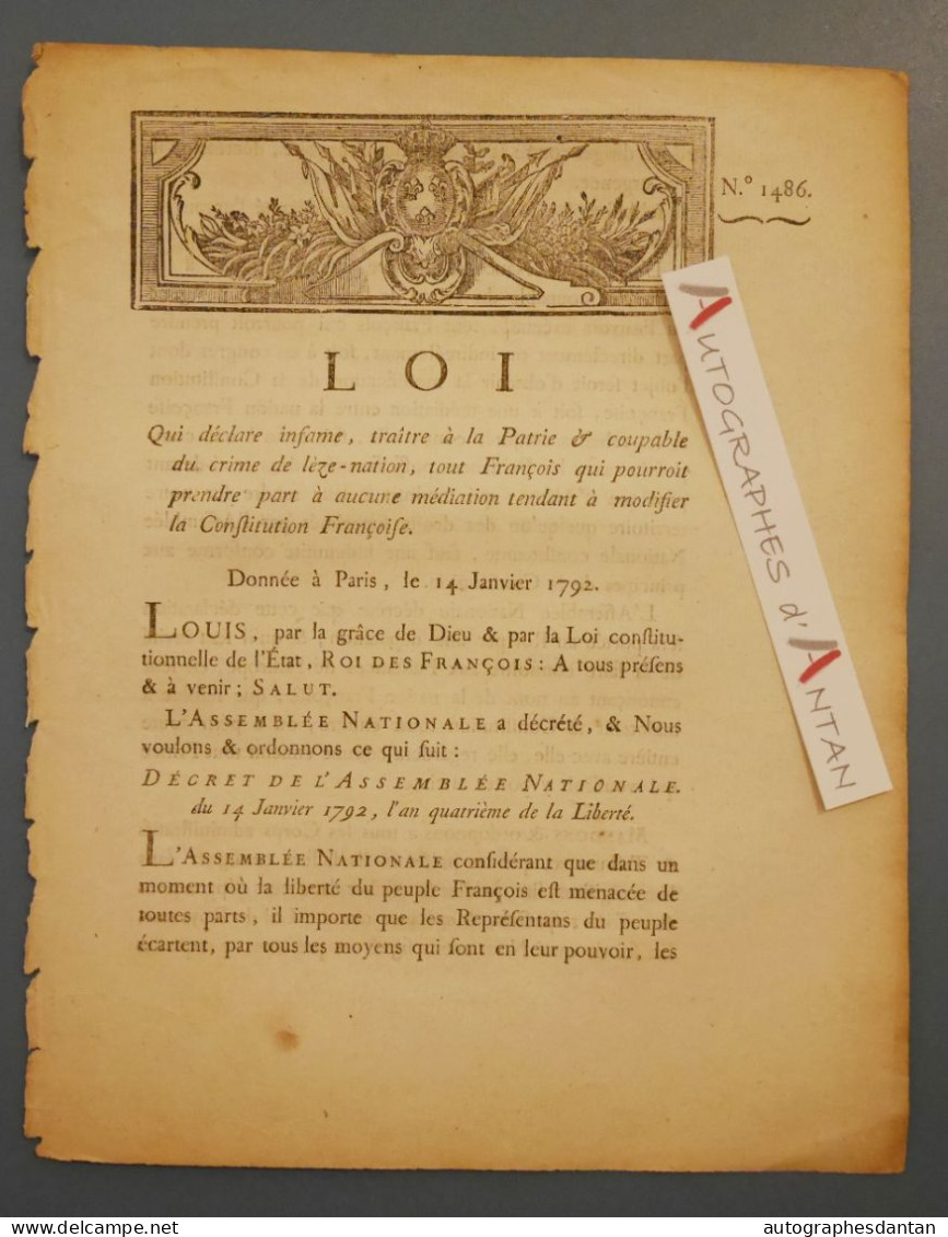 ● LOI 1792 Traitre De La Patrie Coupable De Crime De Lèze Nation - Constitution - Paris Imprimerie Royale - N° 1486 Rare - Wetten & Decreten