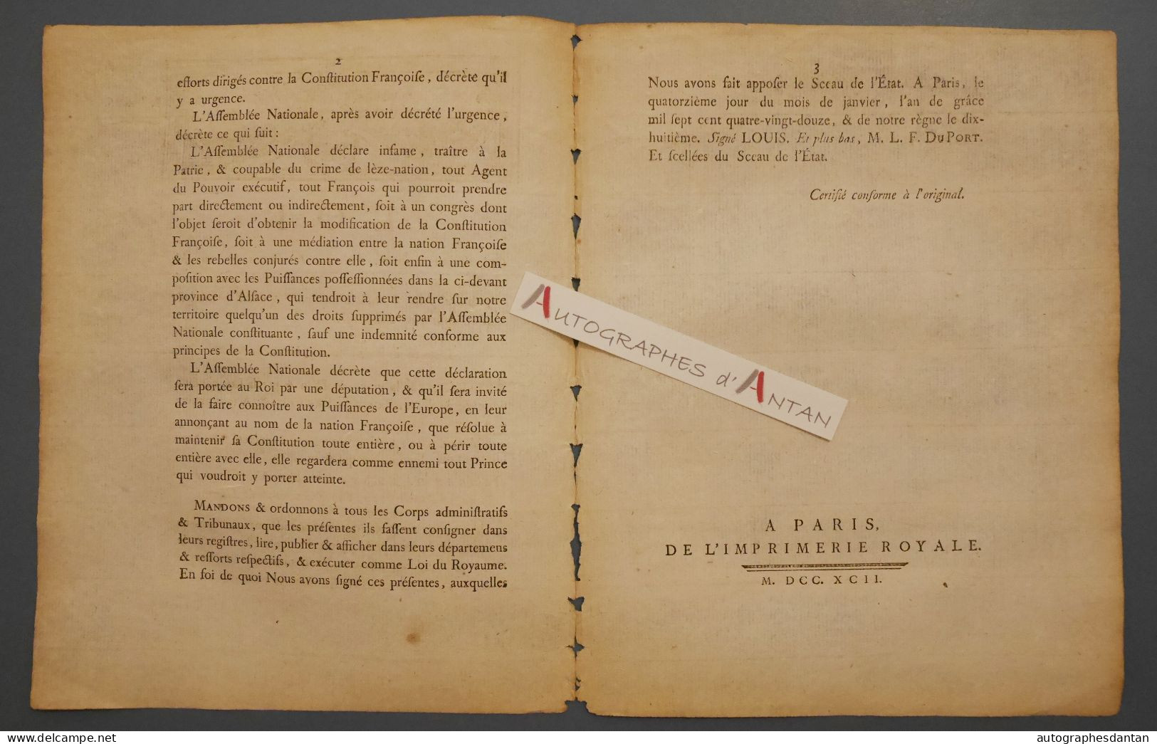 ● LOI 1792 Traitre De La Patrie Coupable De Crime De Lèze Nation - Constitution - Paris Imprimerie Royale - N° 1486 Rare - Décrets & Lois