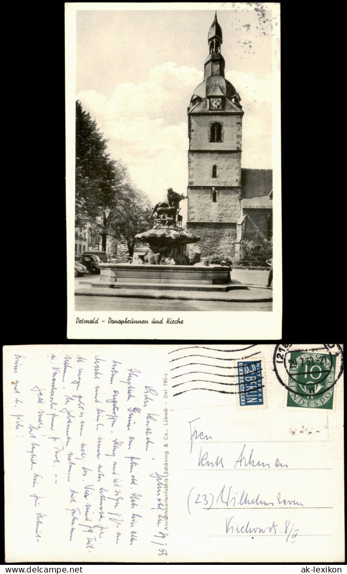 Ansichtskarte Detmold Brunnen Und Kirche 1953 - Detmold