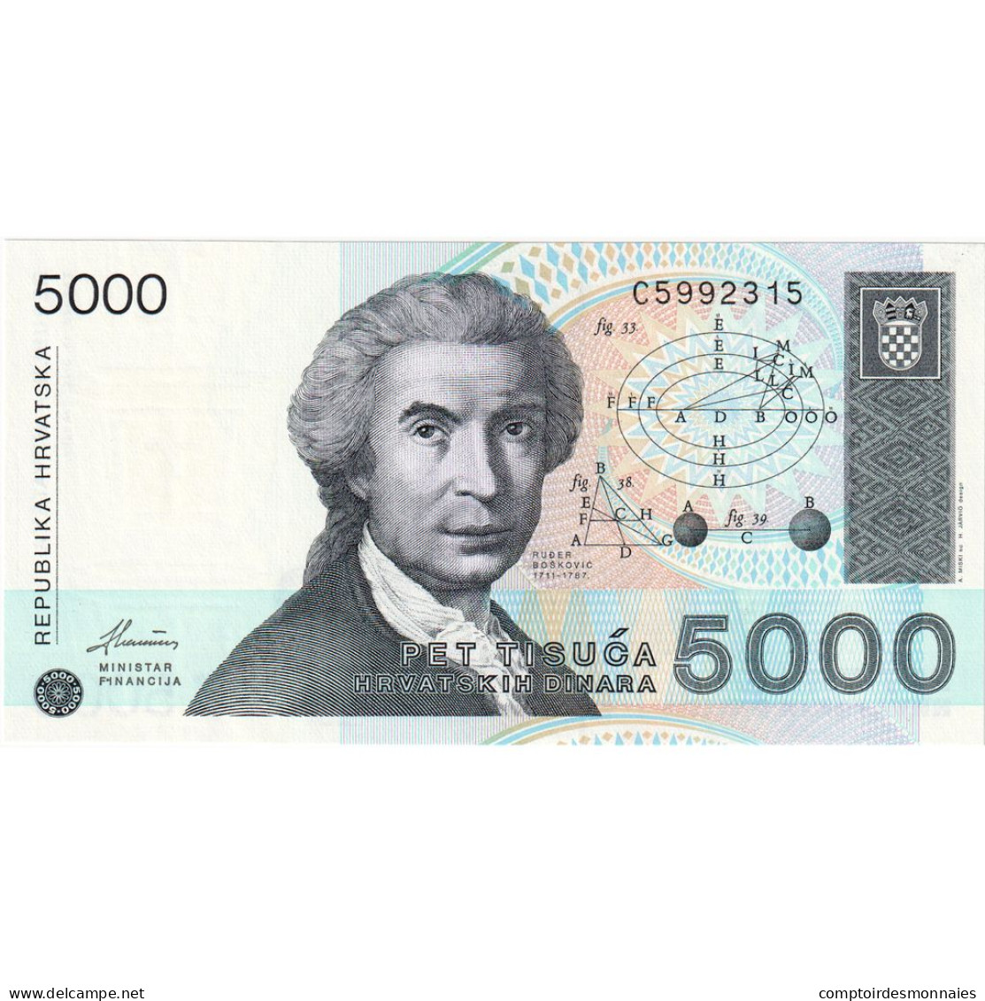 Croatie, 5000 Dinara, 1992, 1992-01-15, NEUF - Croatie
