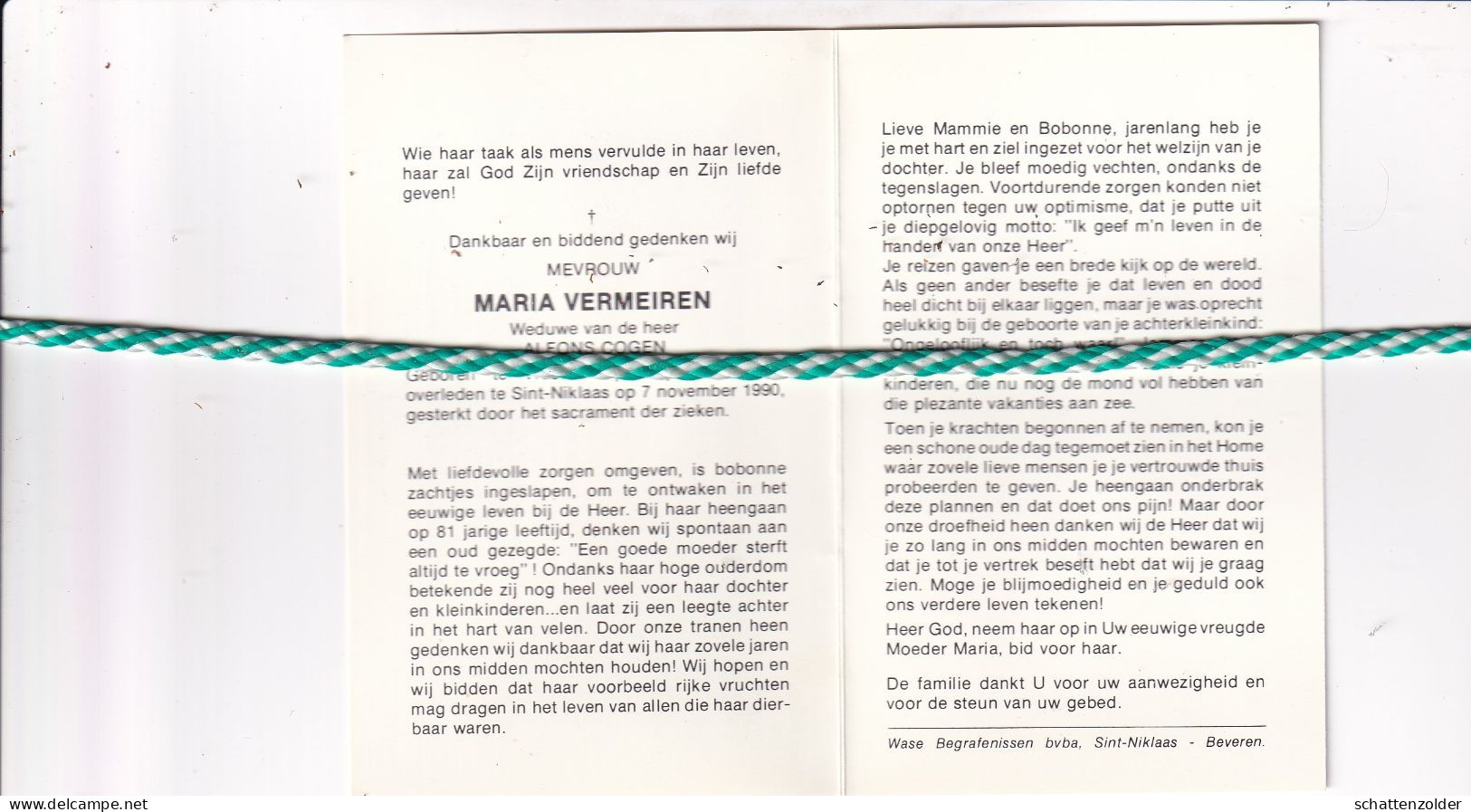 Maria Vermeiren-Cogen, Vrasene 1909, Sint-Niklaas 1990. Foto - Todesanzeige