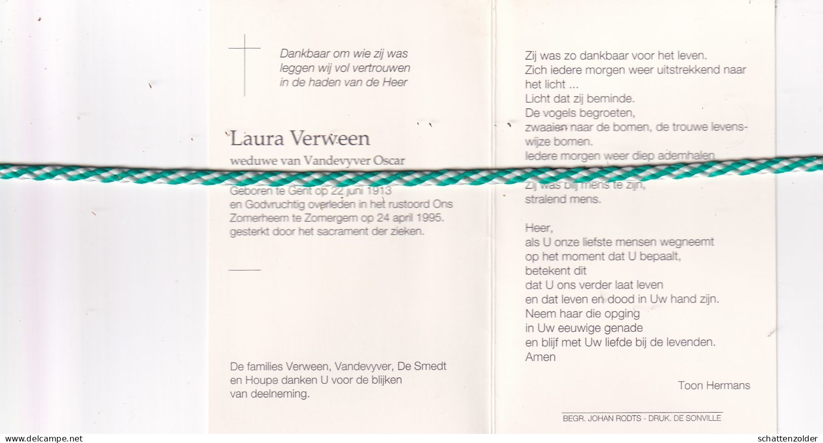 Laura Verween-Vandevyver, Gent 1913, Zomergem 1995. Foto - Décès