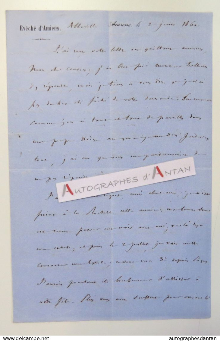 ● L.A.S 1860 Monseigneur BOUDINET évêque D'AMIENS écrite D'ABBEVILLE - Né à Saint Rogatien  Lettre Autographe - Bishop - Andere & Zonder Classificatie