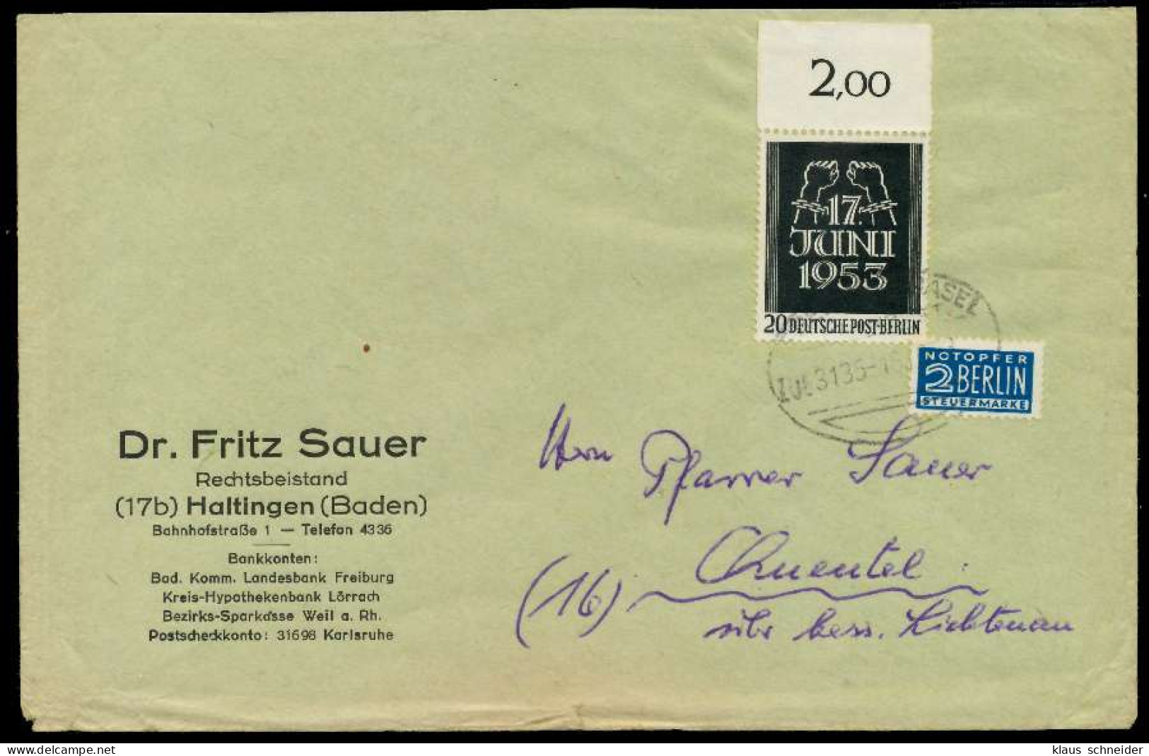 BERLIN 1953 Nr 110 BRIEF EF ORA X78D6FE - Briefe U. Dokumente
