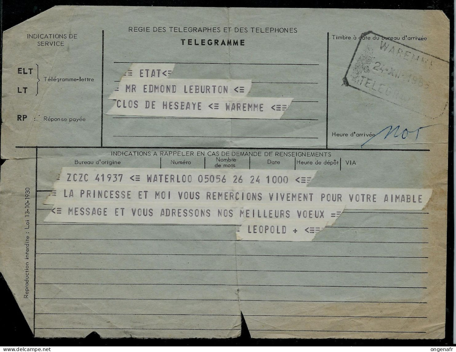 Lettre  De WATERLOO Du 31/12/1968  Avec Télégramme De Léopold III  Vers  M. Leburton - Waremme - Franchise