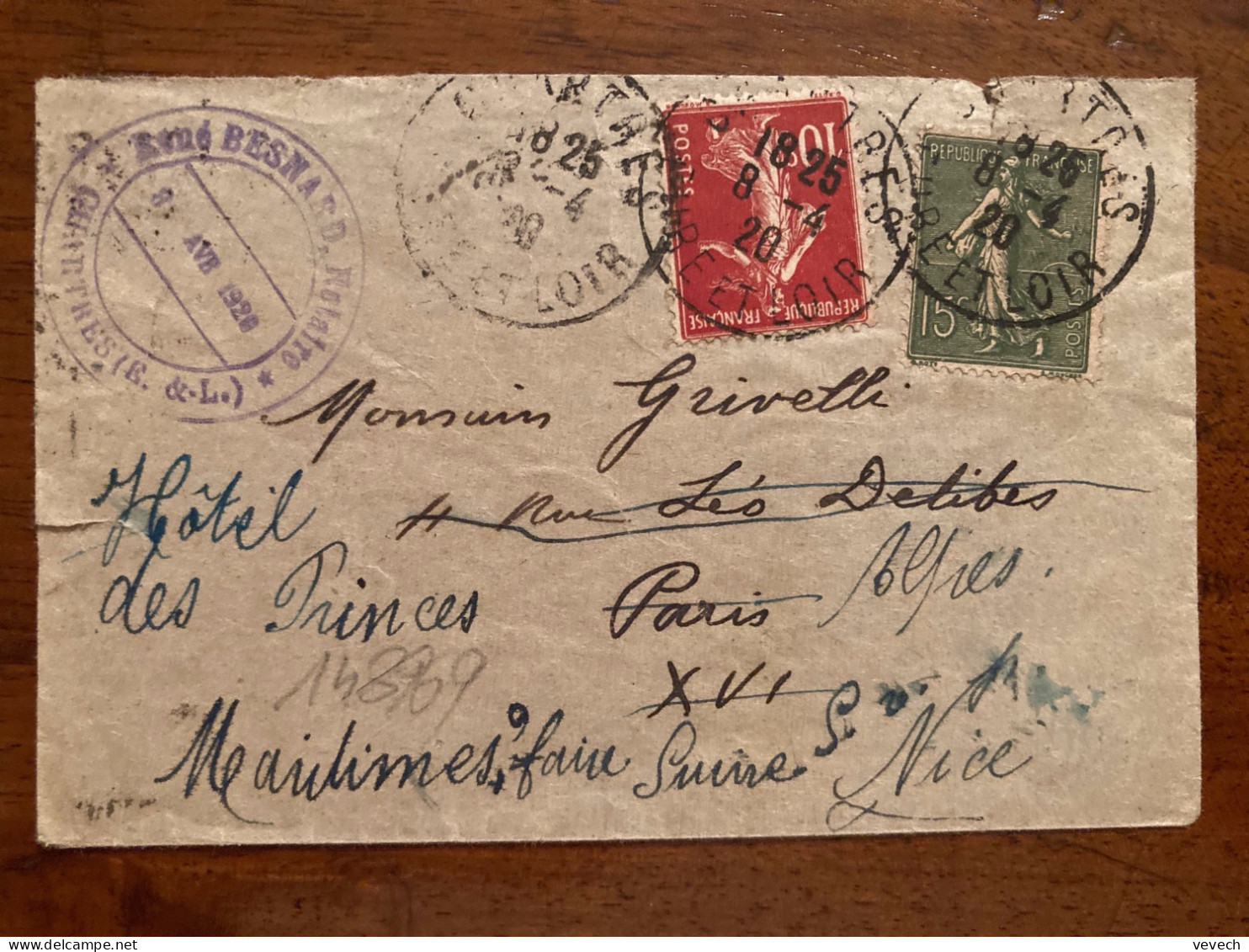 LETTRE René BESNARD Notaire TP SEMEUSE 15c + 10c OBL.8-4 20 CHARTRES (28) REEXPEDITION HOTEL DES PRINCES NICE (06) - 1877-1920: Periodo Semi Moderno