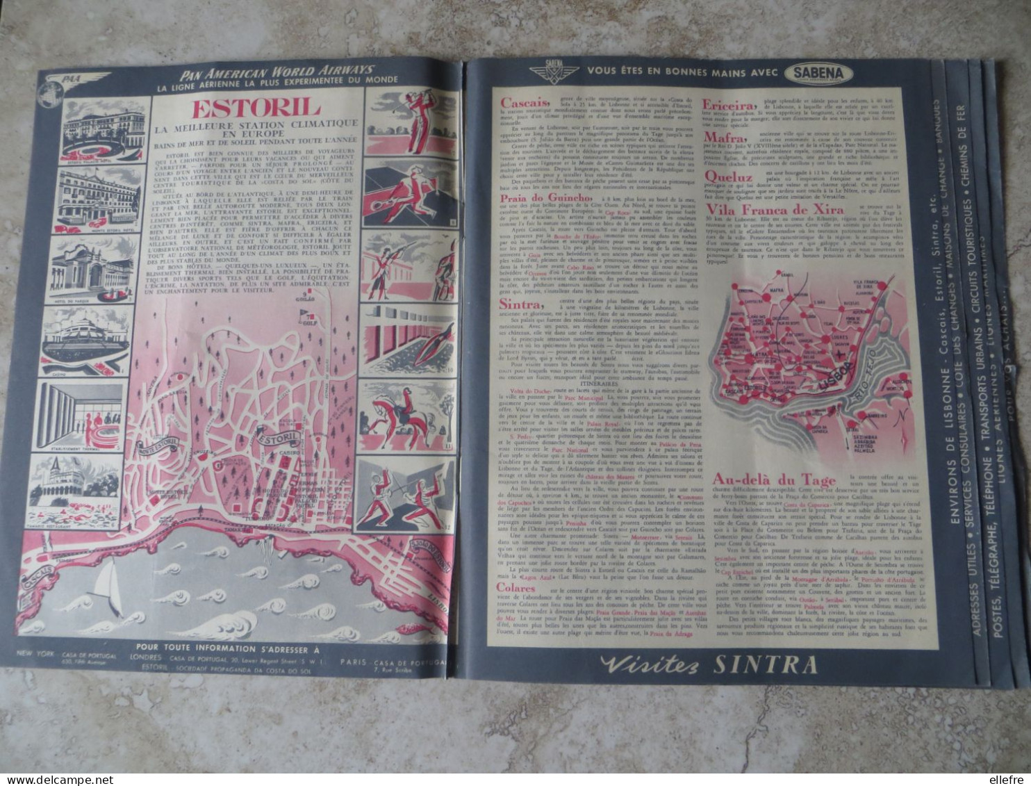 Publicité Beau dépliant touristique LISBONNE, plan horaires ligne aérienne illustration GUSTAVO FONTOURA 4/ 1956