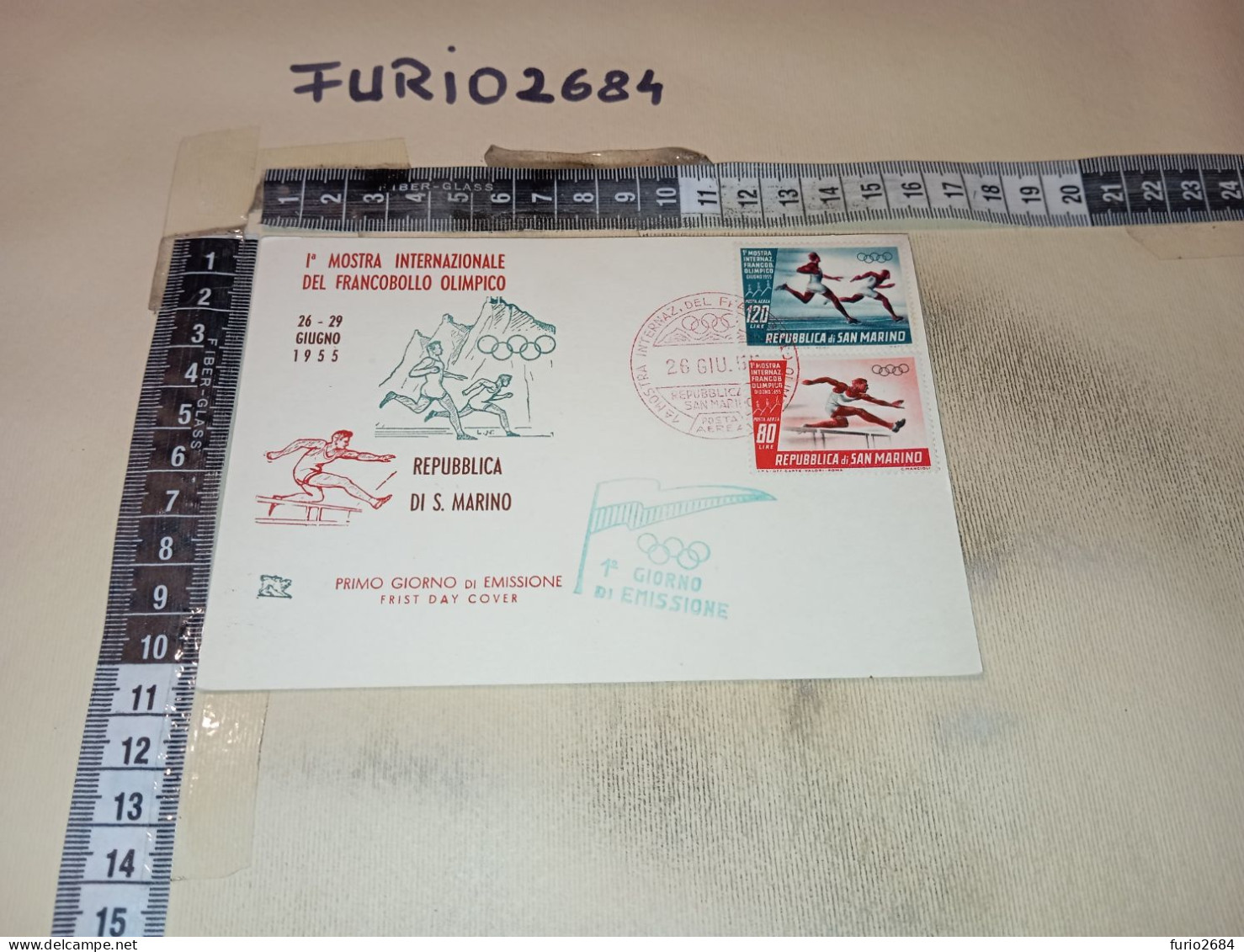 MX00149 REPUBBLICA DI SAN MARINO 1955 TIMBRO ANNULLO 1° MOSTRA INTERNAZIONALE DEL FRANCOBOLLO OLIMPICO - Cartas & Documentos
