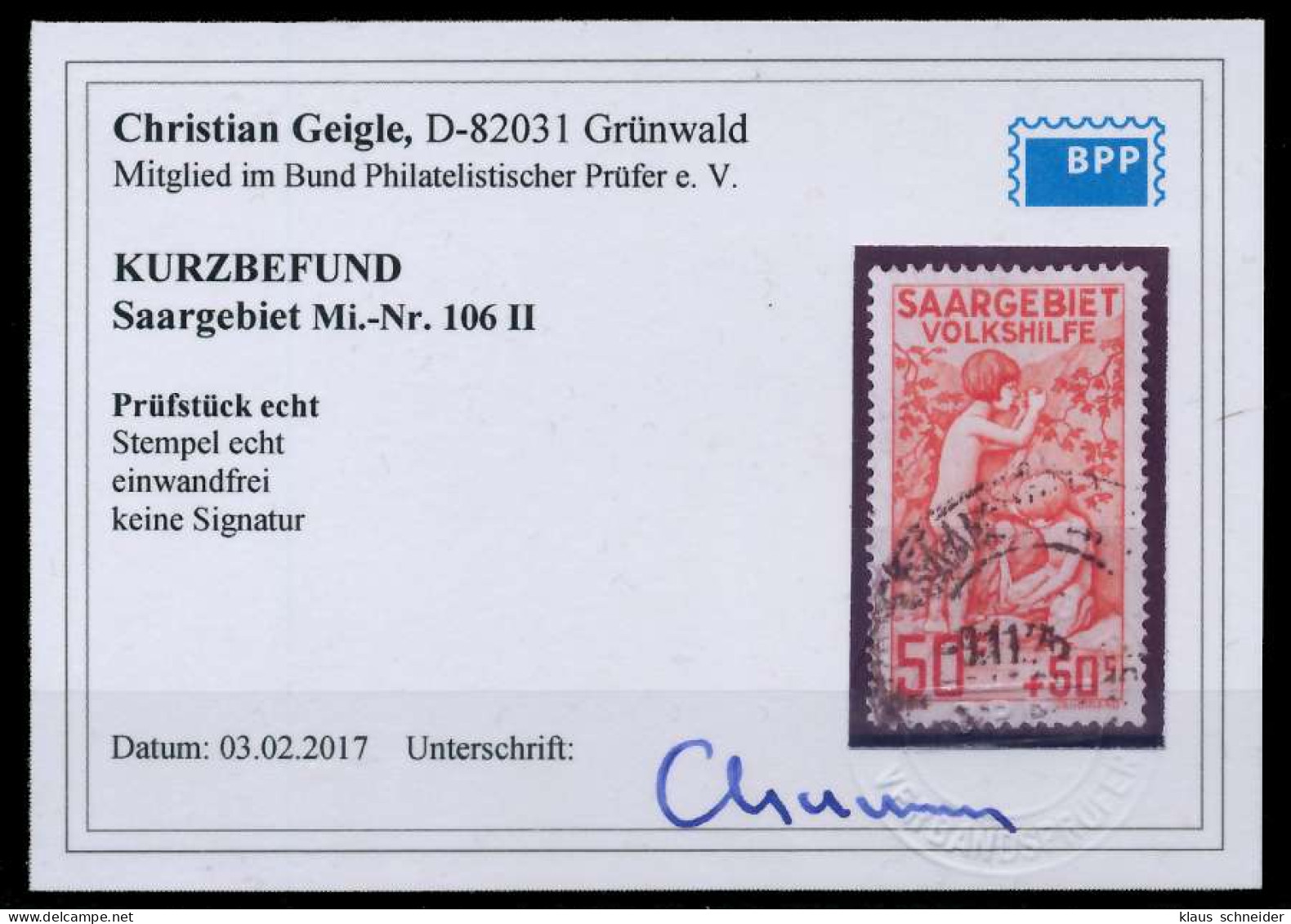 SAARGEBIET 1926 Nr 106II Zentrisch Gestempelt ATTEST X7B0E8E - Usati