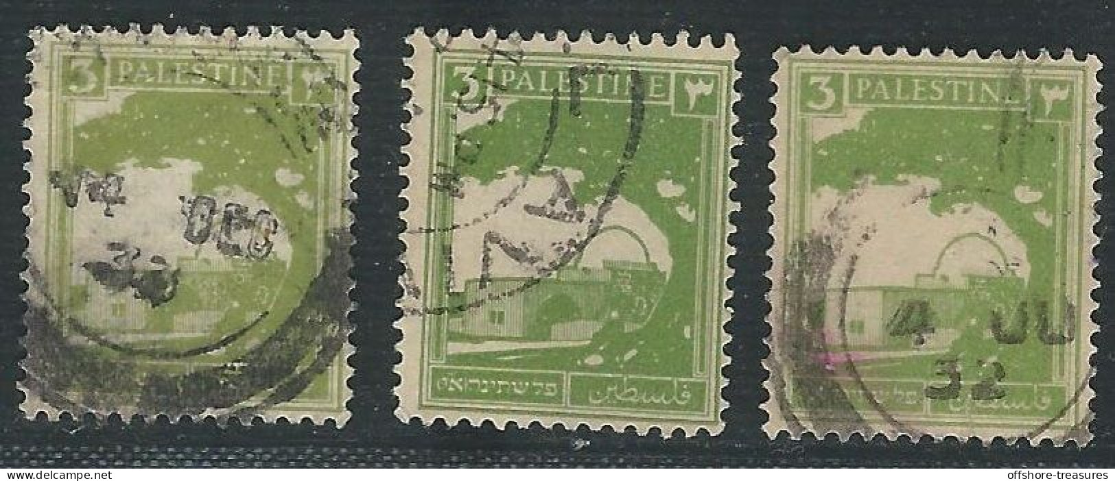 Palestine British Mandate 1927-1942 Stamp Lot 3 Mill X 3 Pcs Rachel's Tomb - Tel Aviv & Various Cancellations - Palestina