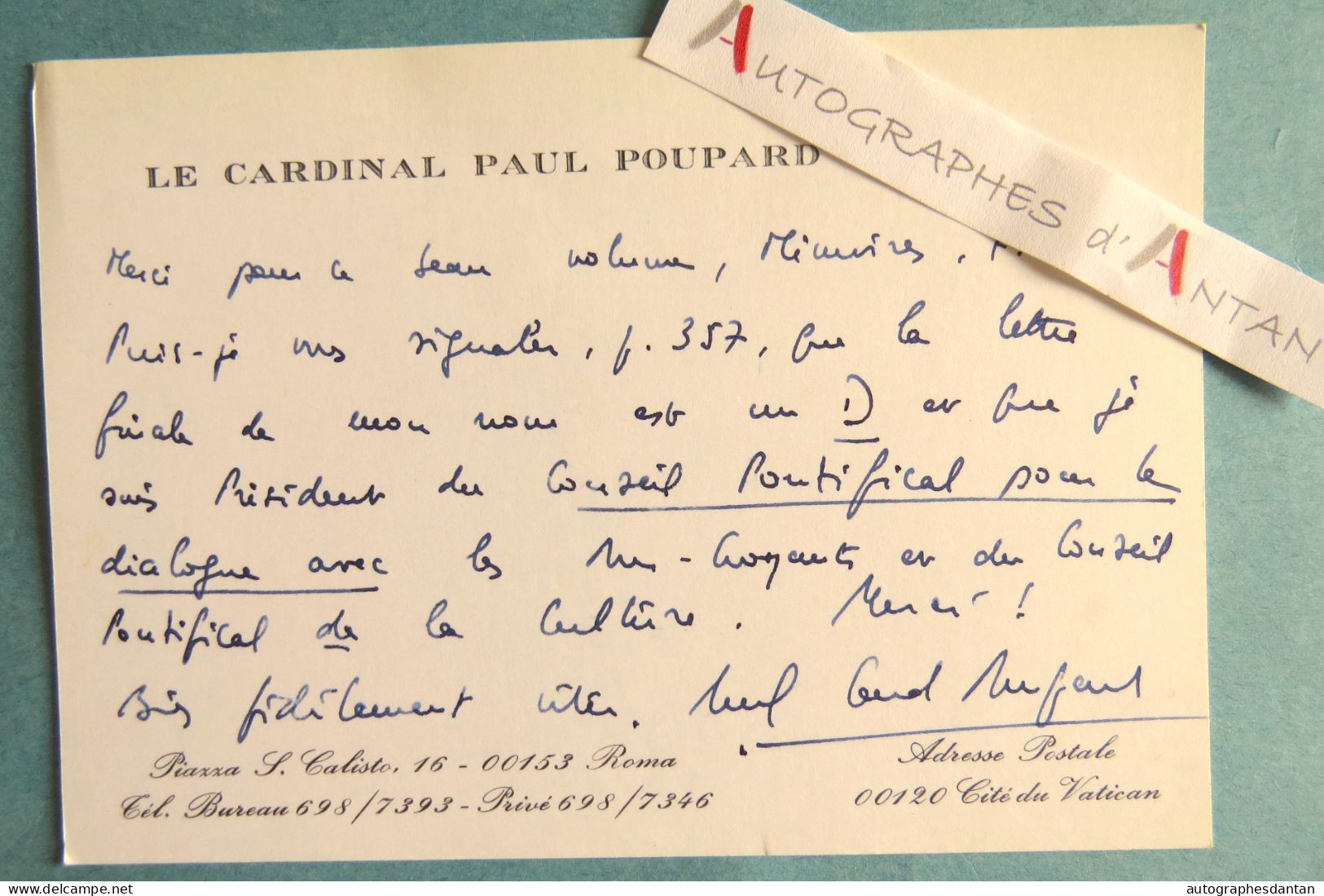 ● Cardinal Paul POUPARD - Rome / Le Vatican - Né à Bouzillé - Carte Lettre Autographe - L.A.S - Autres & Non Classés