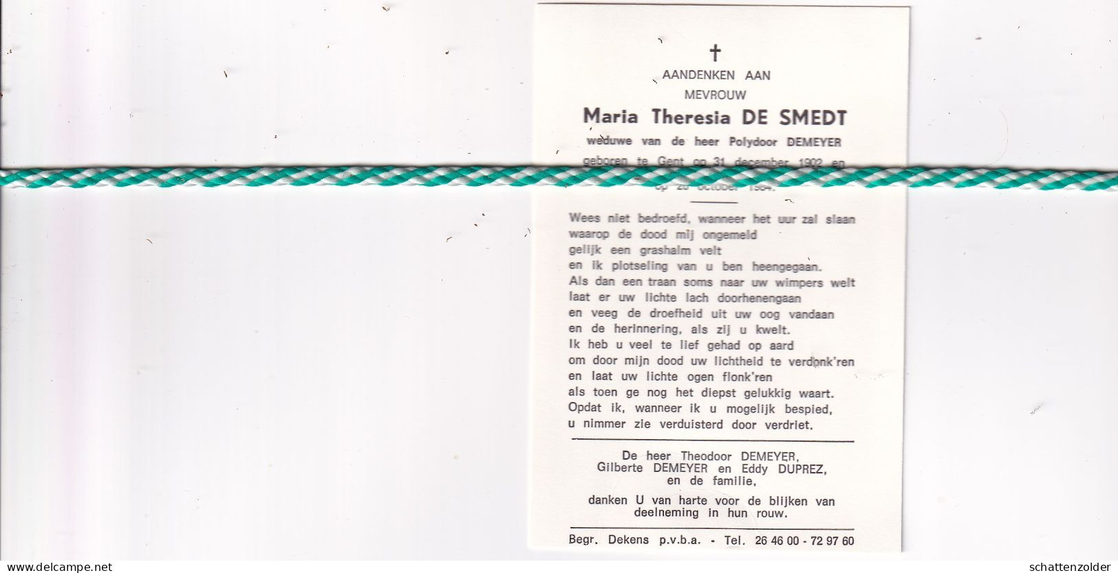 Maria Theresia De Smedt-Demeyer, Gent 1902, 1984. Foto - Obituary Notices