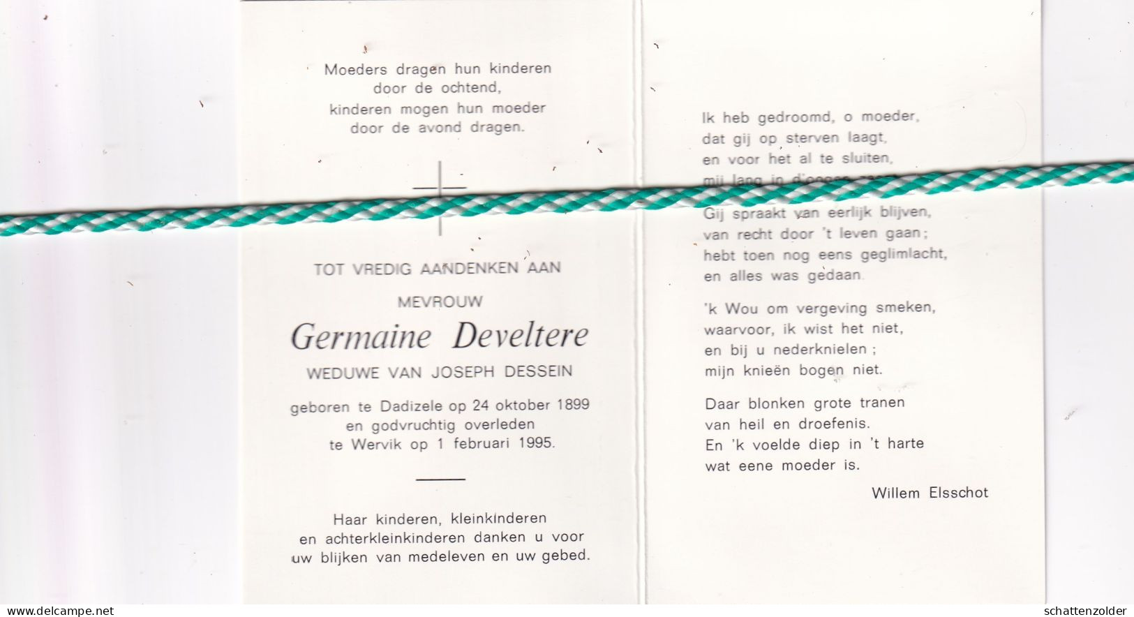 Germaine Develtere-Dessein, Dadizele 1899, Wervik 1995. Foto - Obituary Notices