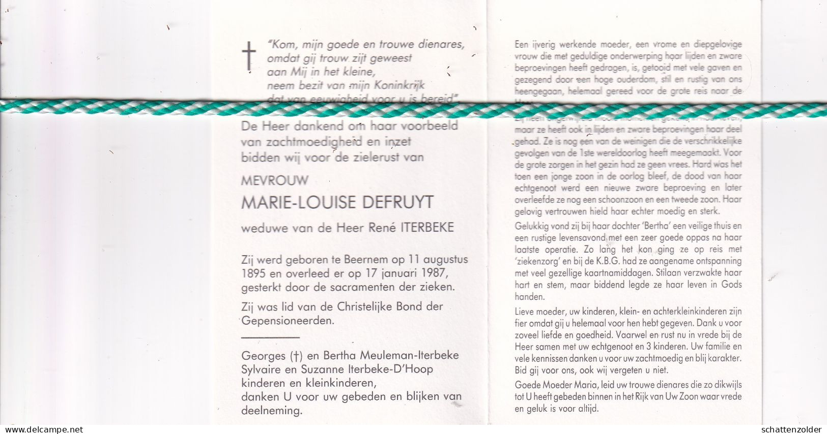 Marie-Louise Defruyt-Iterbeke, Beernem 1895, 1987. Foto - Obituary Notices