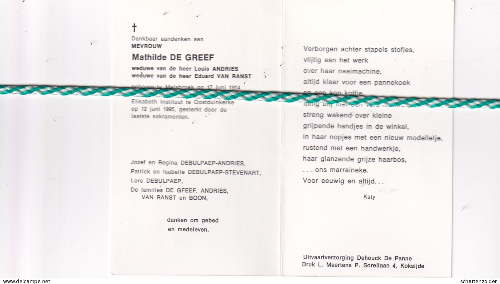 Mathilde De Greef-Andries-Van Ranst, Melsbroek 1914, Oostduinkerke 1995. Foto - Obituary Notices