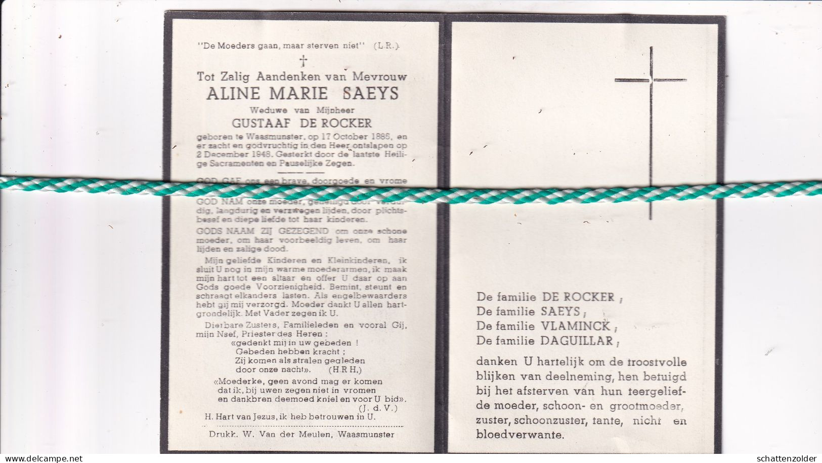 Aline Marie Saeys-De Rocker, Waasmunster 1885, 1948 - Obituary Notices