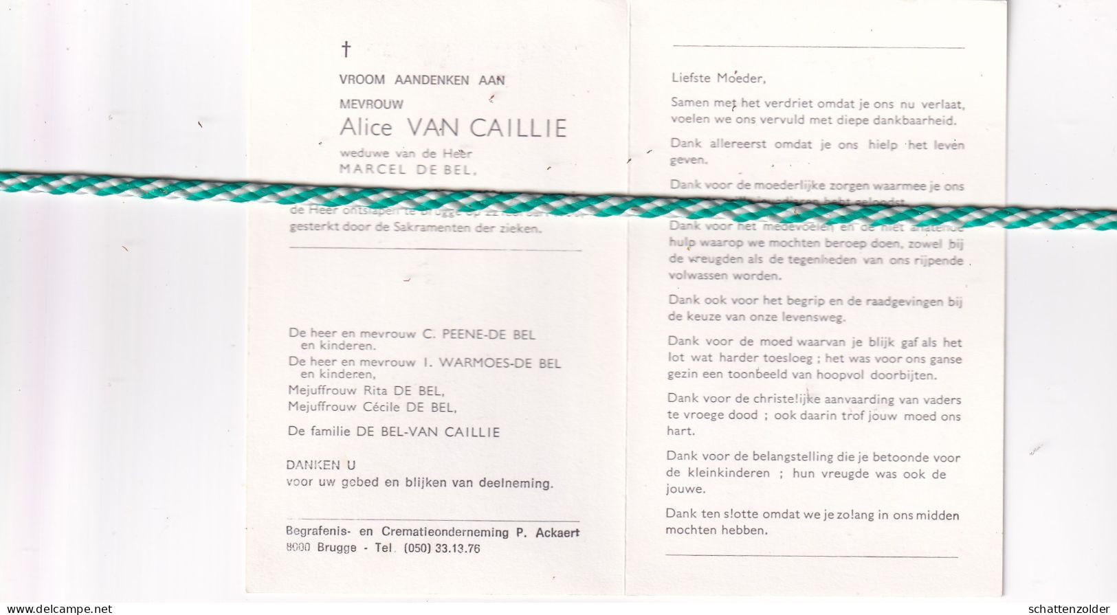 Alice Van Caillie-De Bel, Brugge 1904, Brugge 1986. Foto - Obituary Notices
