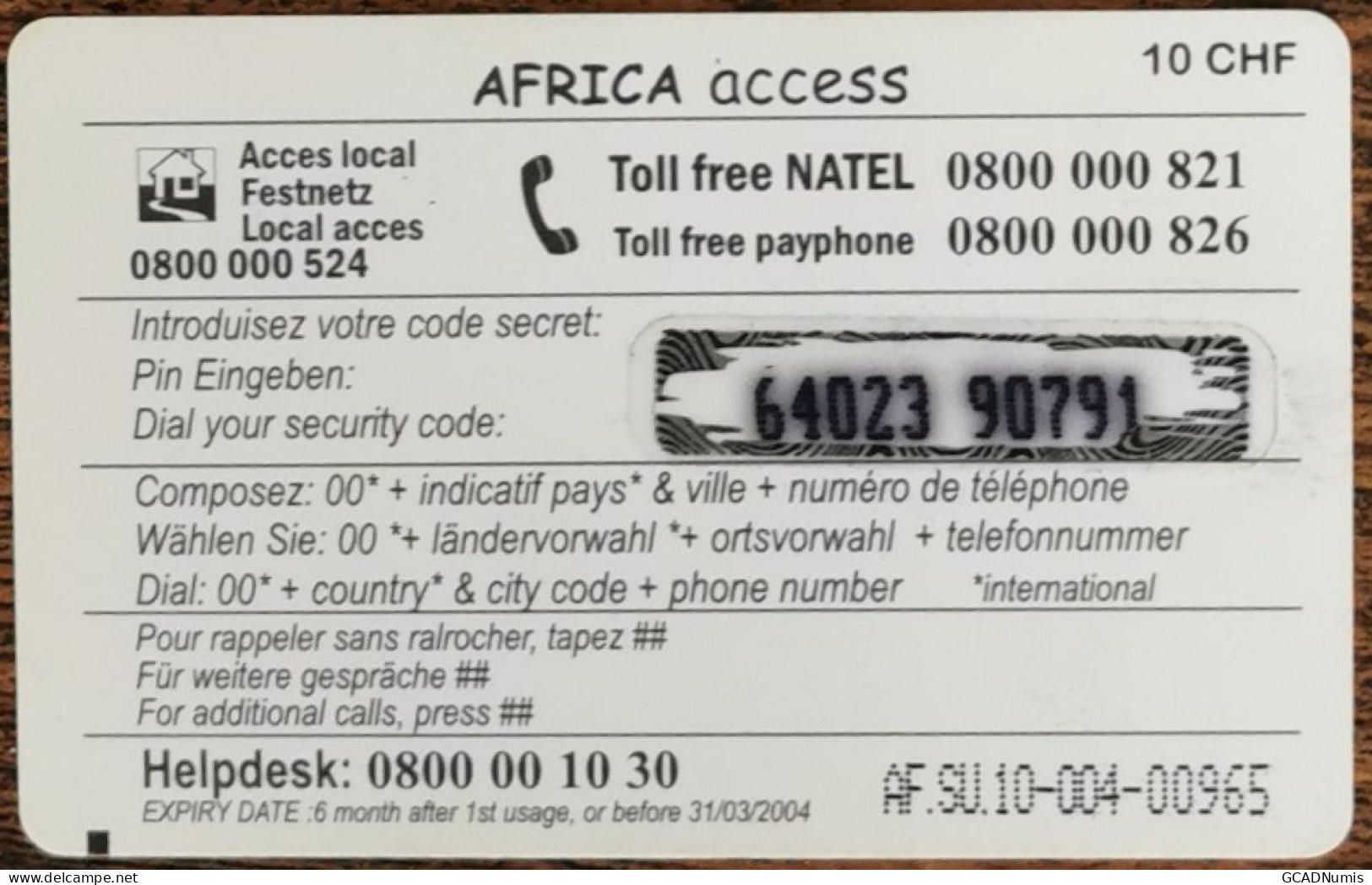 Carte De Recharge - Africa Access 10 Fr Suisse 2004 - Télécarte ~63 - Schweiz