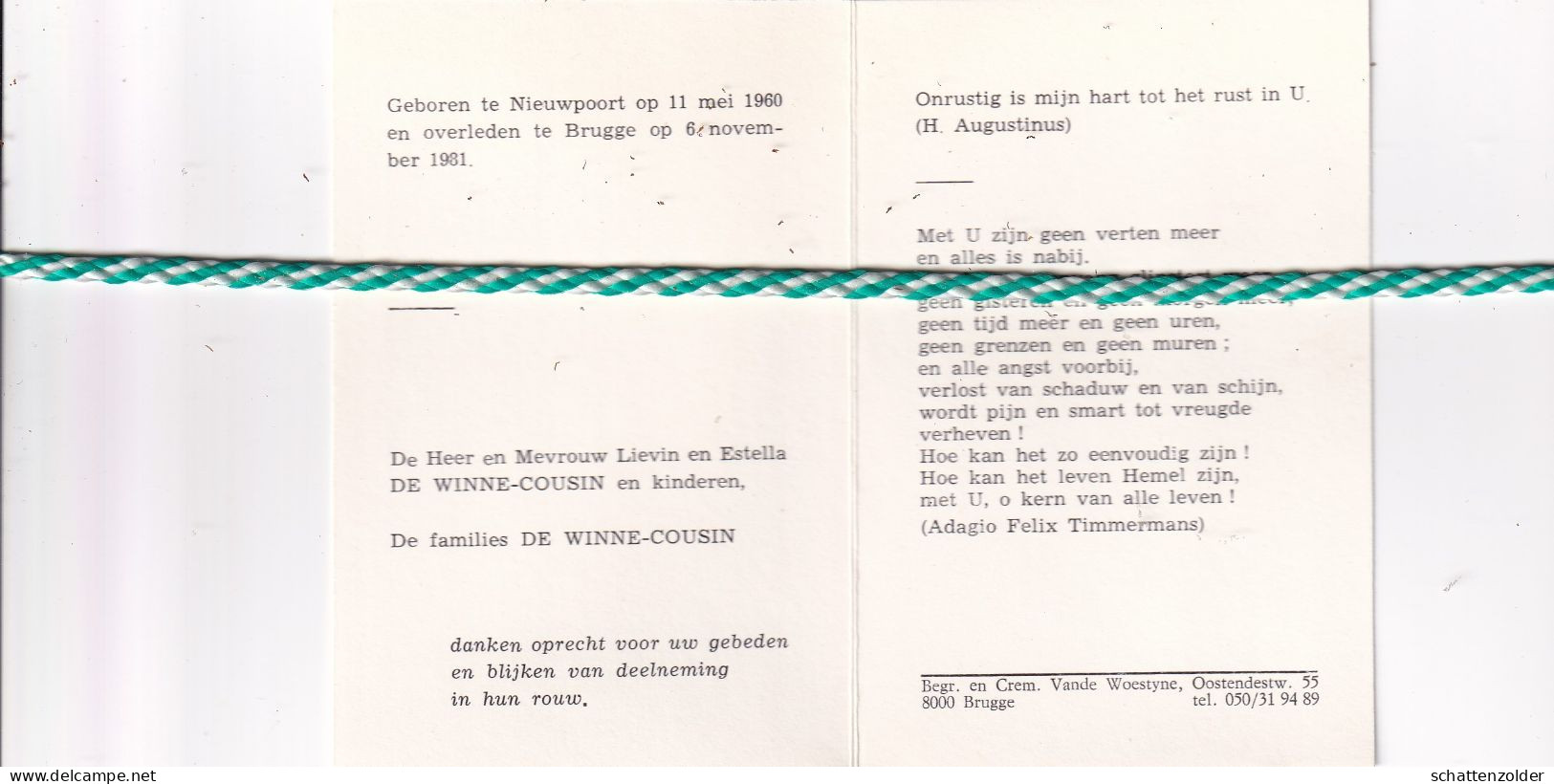 Rita De Winne, Nieuwpoort 1960, Brugge 1981. Foto - Obituary Notices