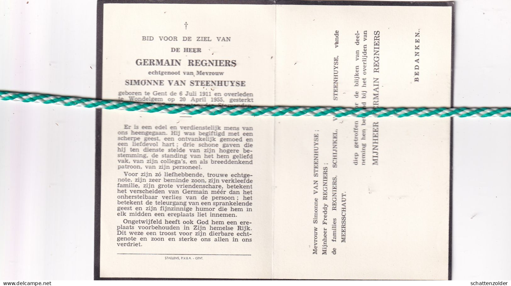 Germain Regniers-Van Steenhuyse, Gent 1911, Wondelgem 1955 - Décès