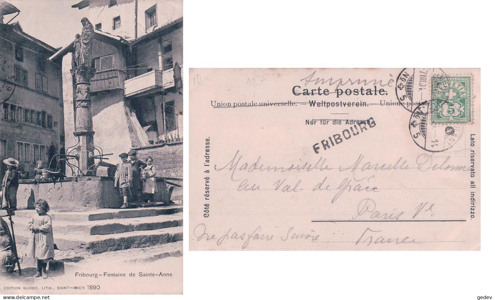 Fribourg, Fontaine De Ste Anne, Cachet Linéaire FRIBOURG (7.8.1904) - Fribourg