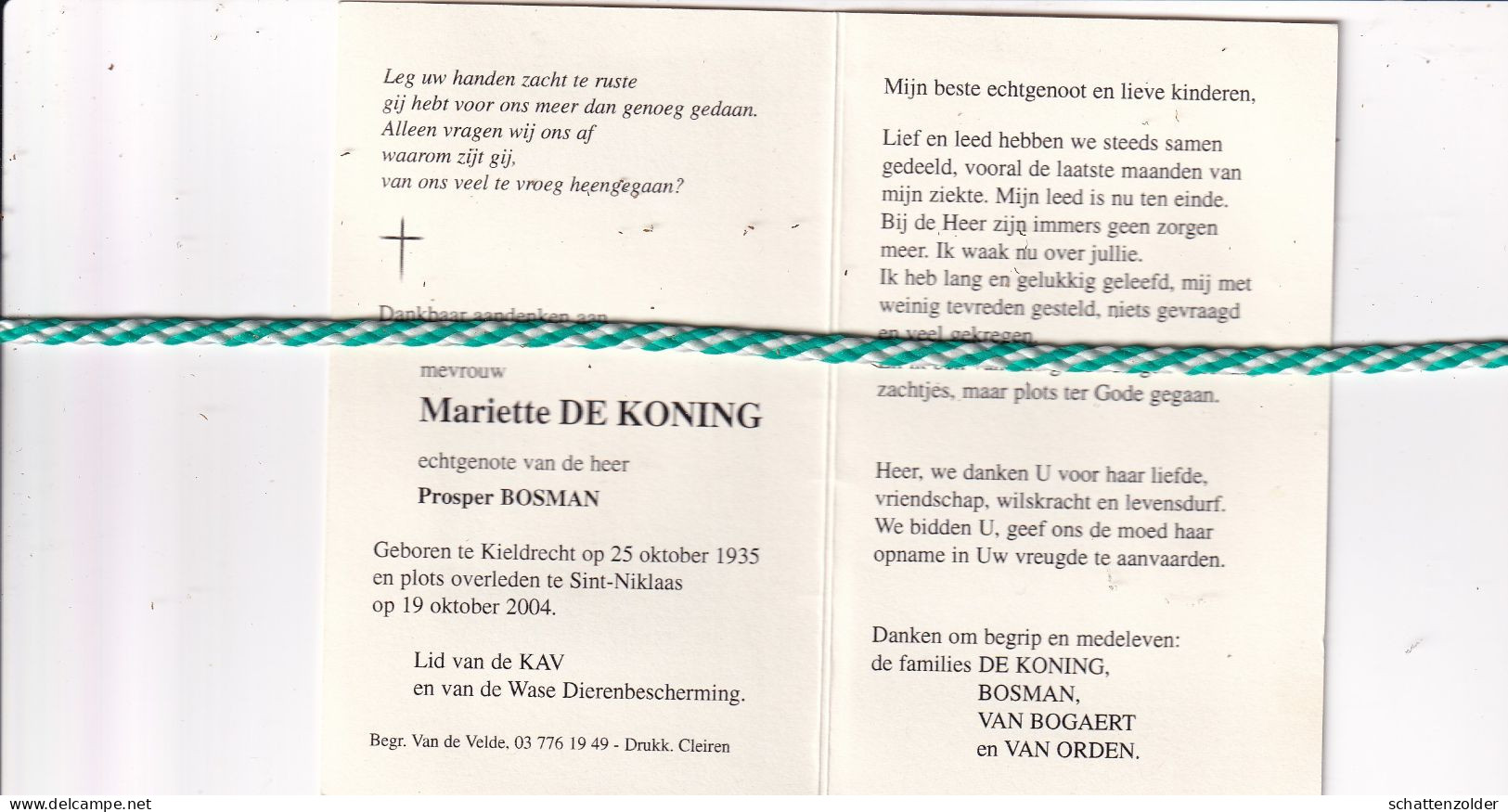 Mariette De Koning-Bosman, Kieldrecht 1935, Sint-Niklaas 2004. Foto - Todesanzeige