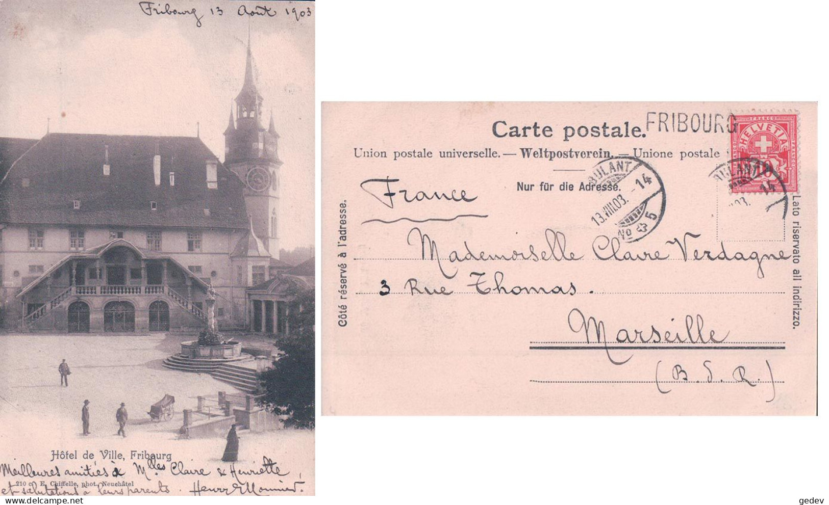 Fribourg, Hôtel De Ville, Cachet Linéaire FRIBOURG (13.8.1903) - Fribourg