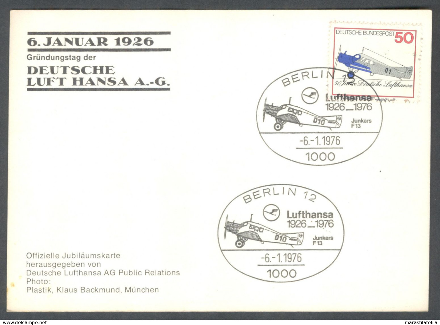 Germany, BRD 1976, Lufthansa's Fiftieth Anniversary, Special Postmark & Card - Other & Unclassified