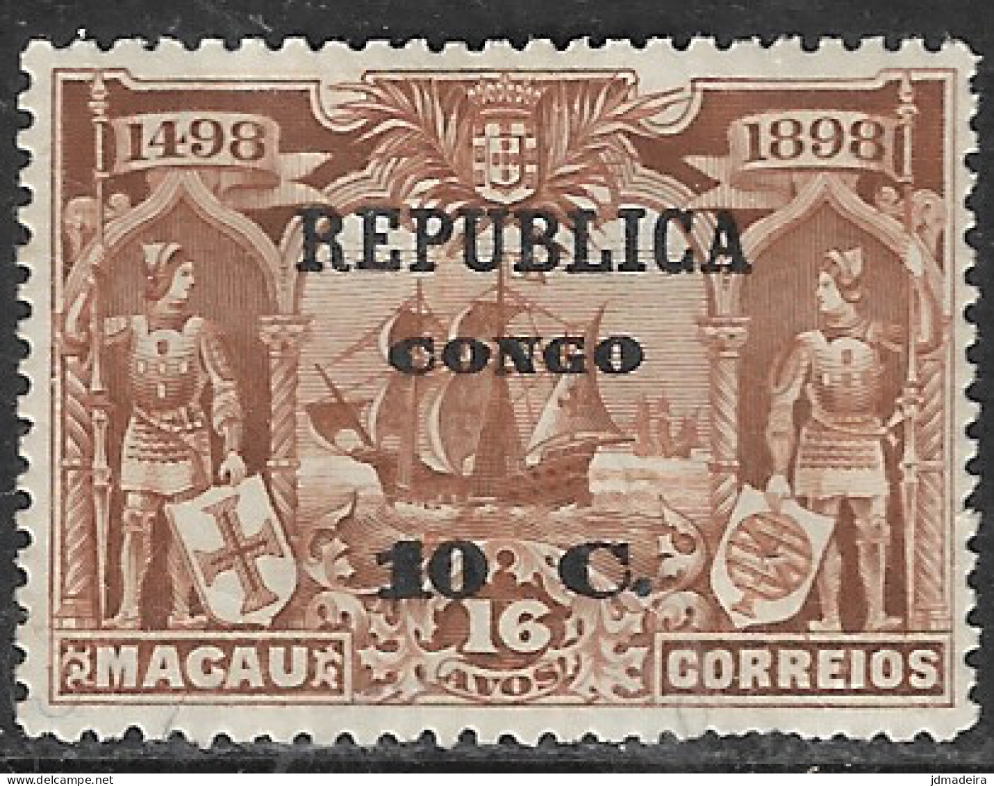 Portuguese Congo – 1913 Sea Way To India 10 C. Over 16 Avos On Macau Stamp - Portugees Congo