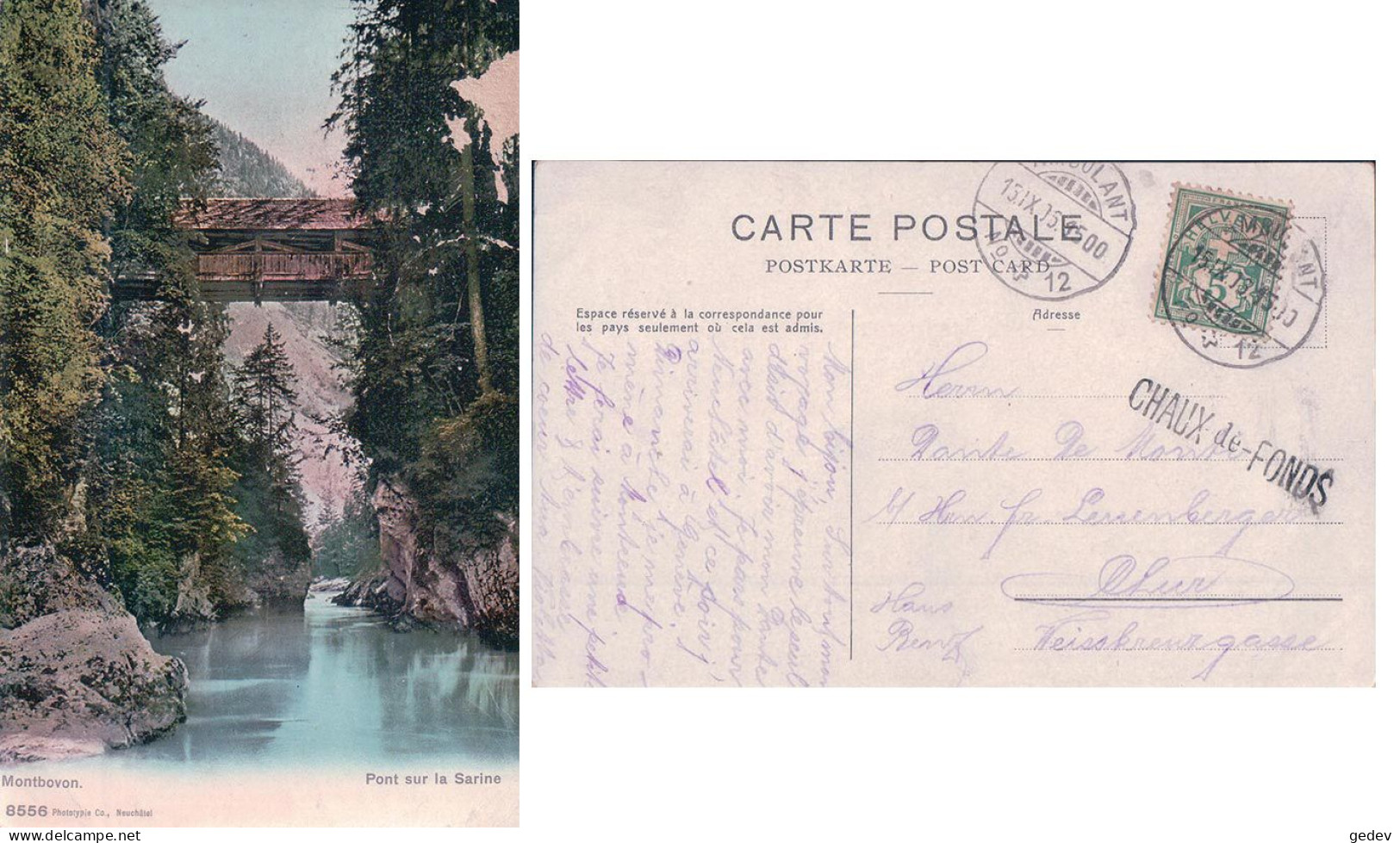 Montbovon FR, Pont De Bois Sur La Sarine, Cachet Linéaire CHAUX-de-FONDS (15.9.1906) - Fribourg